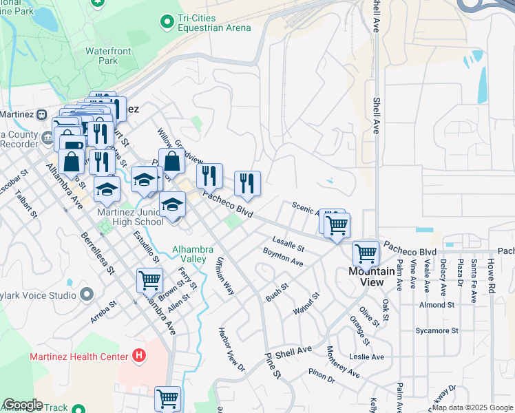 map of restaurants, bars, coffee shops, grocery stores, and more near 1415 Brown Street in Martinez