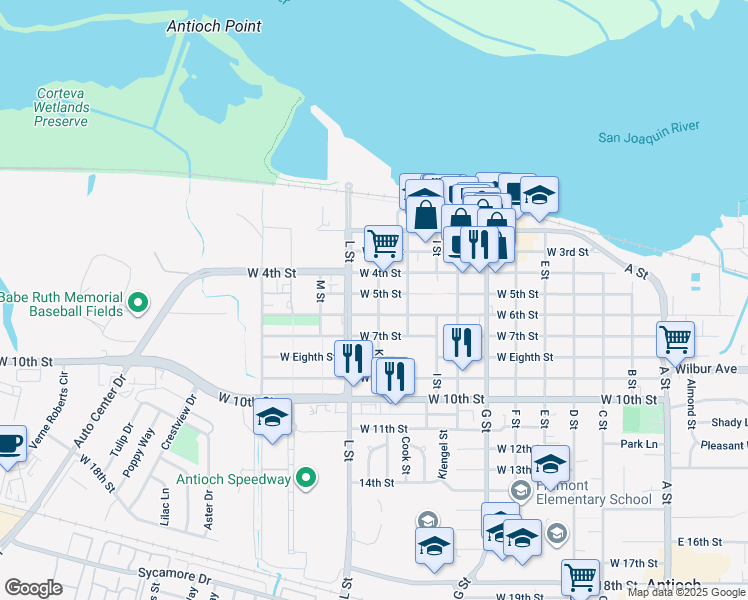 map of restaurants, bars, coffee shops, grocery stores, and more near 502 K Street in Antioch