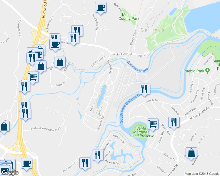map of restaurants, bars, coffee shops, grocery stores, and more near 389 Bryce Canyon Road in San Rafael