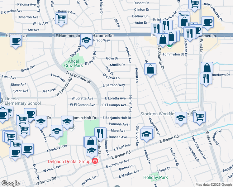 map of restaurants, bars, coffee shops, grocery stores, and more near 308 Vincente Way in Stockton