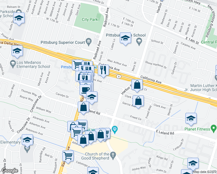 map of restaurants, bars, coffee shops, grocery stores, and more near 2148 Harbor Street in Pittsburg