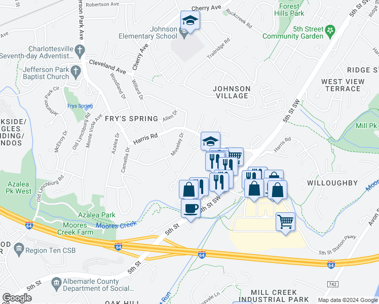 map of restaurants, bars, coffee shops, grocery stores, and more near 107 Longwood Drive in Charlottesville