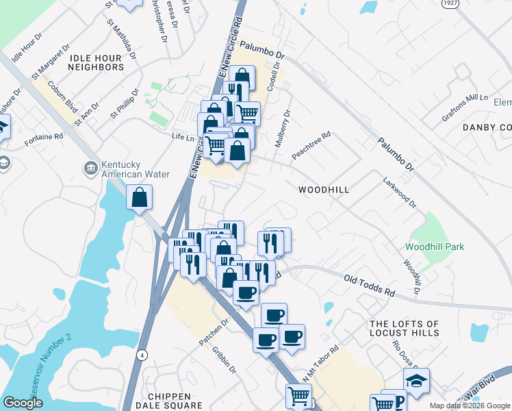 map of restaurants, bars, coffee shops, grocery stores, and more near 2457 Butternut Hill Court in Lexington