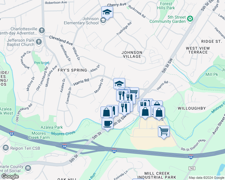 map of restaurants, bars, coffee shops, grocery stores, and more near 102 Longwood Drive in Charlottesville