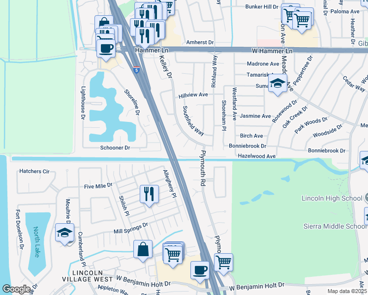 map of restaurants, bars, coffee shops, grocery stores, and more near 3129 Kelley Court in Stockton