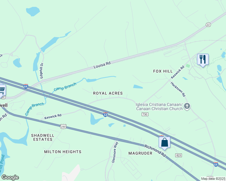 map of restaurants, bars, coffee shops, grocery stores, and more near 3432 Keswick Road in Keswick