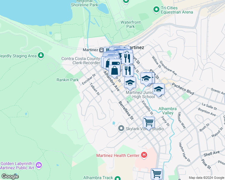 map of restaurants, bars, coffee shops, grocery stores, and more near 925 Berrellesa Street in Martinez