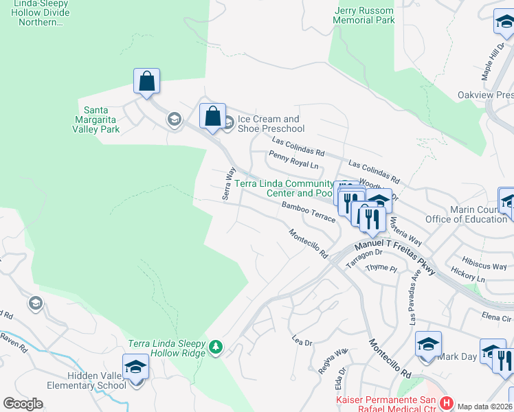 map of restaurants, bars, coffee shops, grocery stores, and more near 784 Montecillo Road in San Rafael