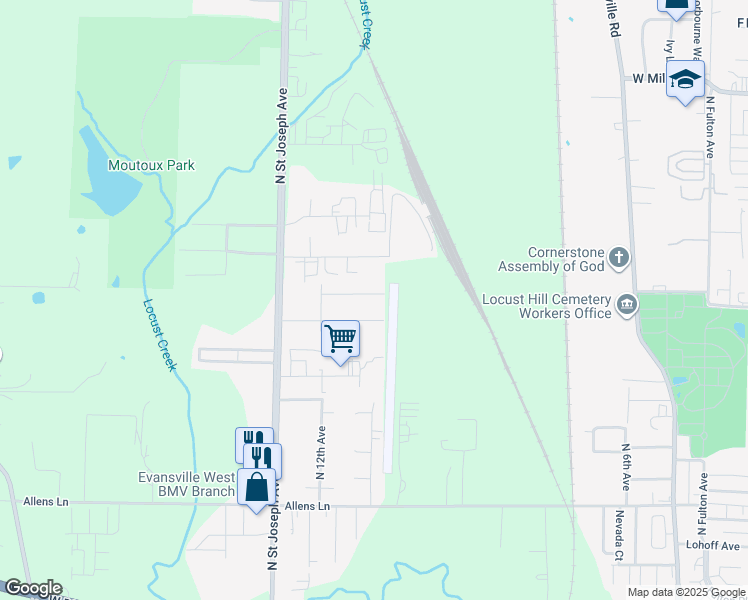 map of restaurants, bars, coffee shops, grocery stores, and more near 2116 Buena Vista Road in Evansville