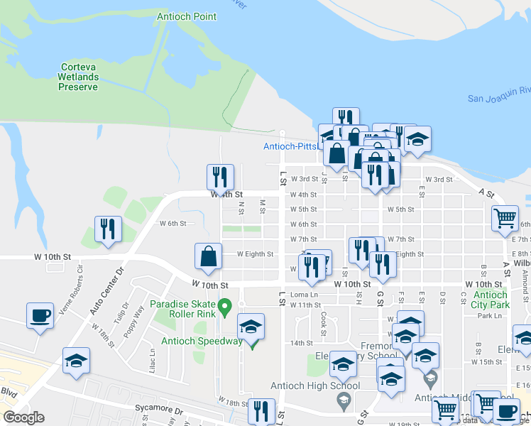 map of restaurants, bars, coffee shops, grocery stores, and more near 1121 West 5th Street in Antioch