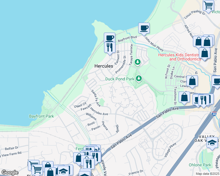 map of restaurants, bars, coffee shops, grocery stores, and more near 211 Apollo in Hercules