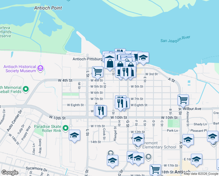 map of restaurants, bars, coffee shops, grocery stores, and more near 811 West 5th Street in Antioch