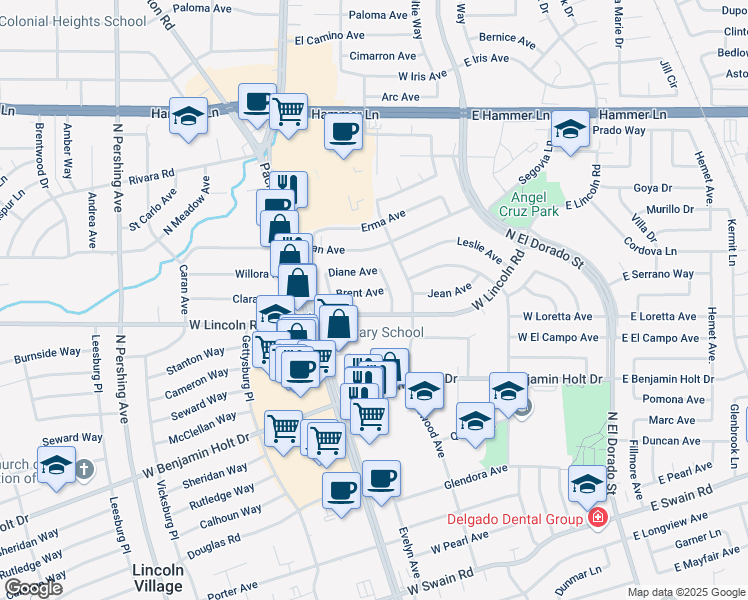 map of restaurants, bars, coffee shops, grocery stores, and more near 7115 Emeryn Street in Stockton