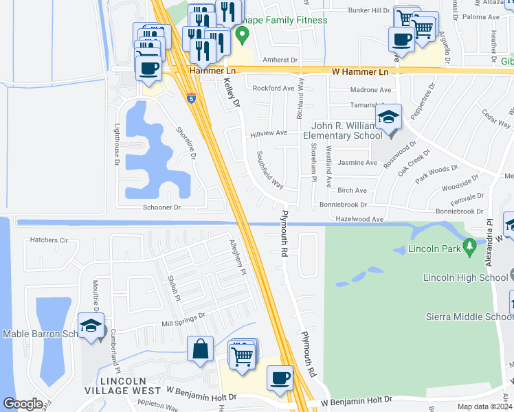 map of restaurants, bars, coffee shops, grocery stores, and more near 3129 Kelley Court in Stockton