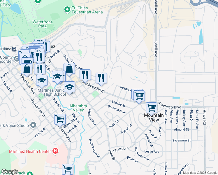 map of restaurants, bars, coffee shops, grocery stores, and more near 1415 Brown Street in Martinez