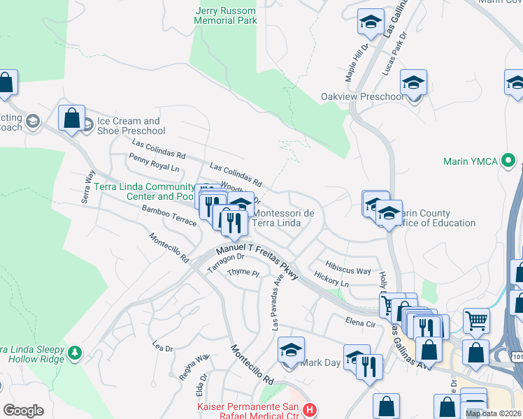 map of restaurants, bars, coffee shops, grocery stores, and more near 588 Wakerobin Lane in San Rafael