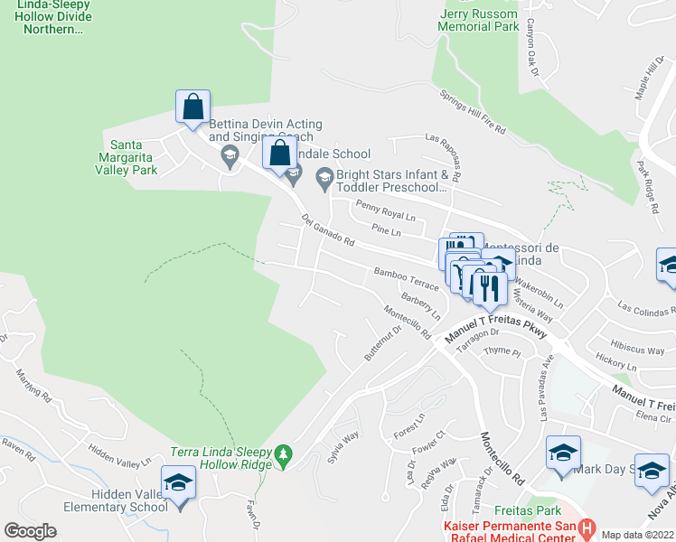 map of restaurants, bars, coffee shops, grocery stores, and more near 784 Montecillo Road in San Rafael