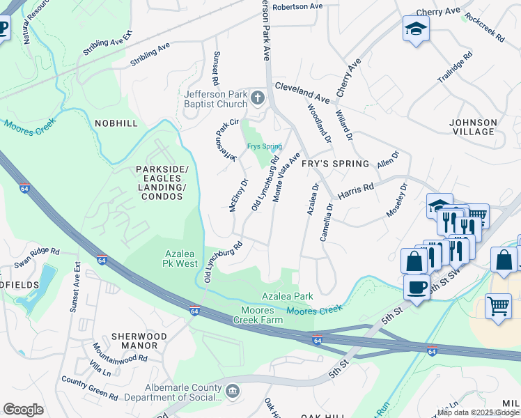 map of restaurants, bars, coffee shops, grocery stores, and more near 225 Old Lynchburg Road in Charlottesville