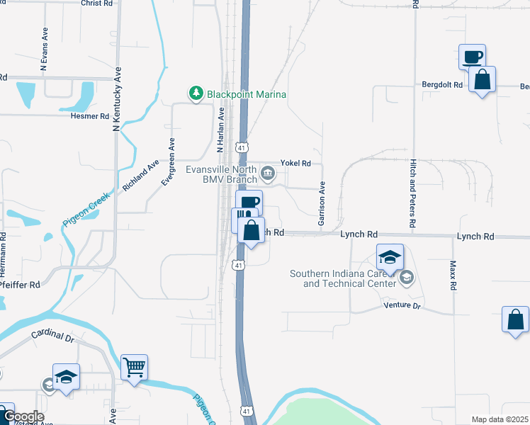 map of restaurants, bars, coffee shops, grocery stores, and more near 4101 U.S. 41 in Evansville