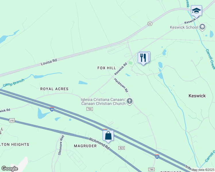 map of restaurants, bars, coffee shops, grocery stores, and more near 3635 Keswick Road in Keswick