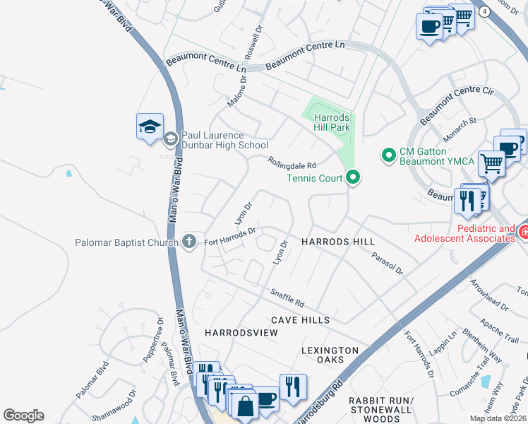 map of restaurants, bars, coffee shops, grocery stores, and more near 3209 Lyon Court in Lexington