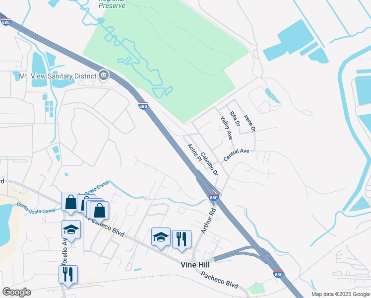 map of restaurants, bars, coffee shops, grocery stores, and more near 4464 Actriz Place in Martinez