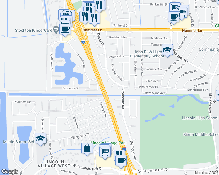 map of restaurants, bars, coffee shops, grocery stores, and more near 3127 Kelley Court in Stockton