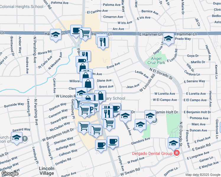 map of restaurants, bars, coffee shops, grocery stores, and more near 7115 Emeryn Street in Stockton