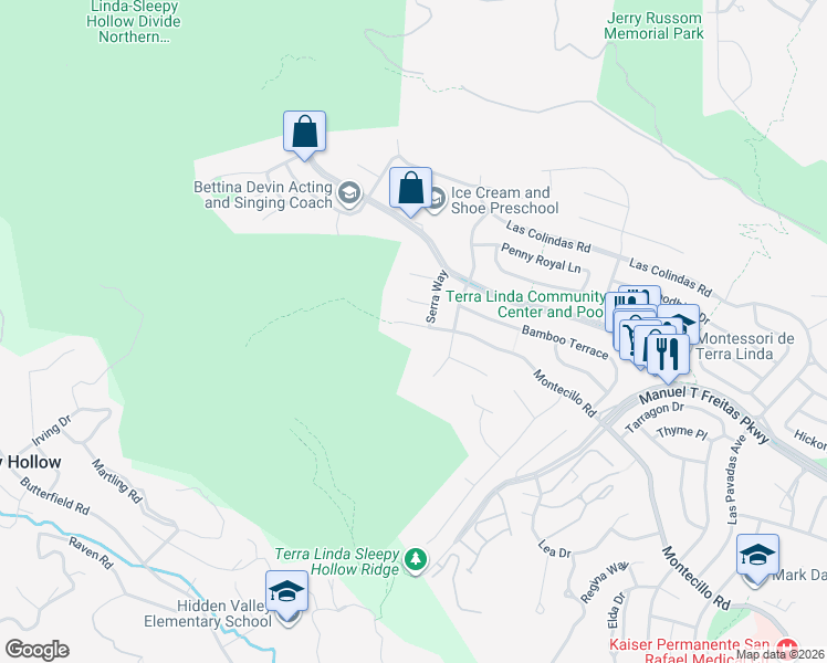 map of restaurants, bars, coffee shops, grocery stores, and more near 857 Montecillo Road in San Rafael