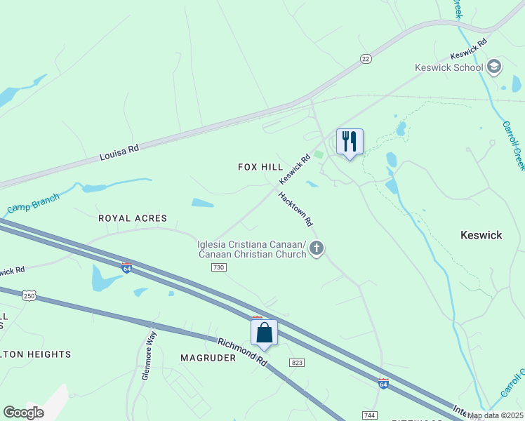 map of restaurants, bars, coffee shops, grocery stores, and more near 3635 Keswick Road in Keswick
