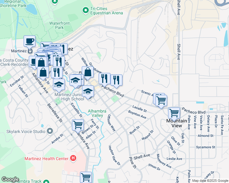 map of restaurants, bars, coffee shops, grocery stores, and more near 1622 Pacheco Boulevard in Martinez