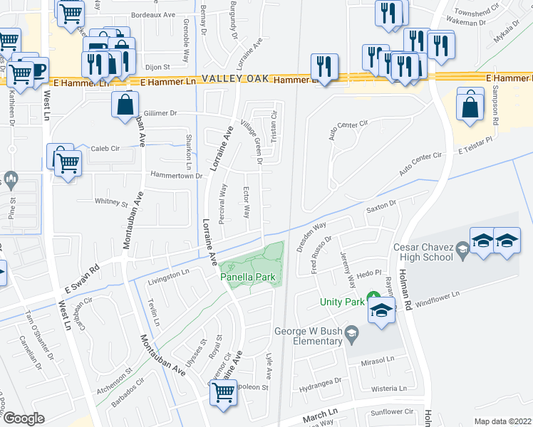 map of restaurants, bars, coffee shops, grocery stores, and more near 6232 Village Green Drive in Stockton
