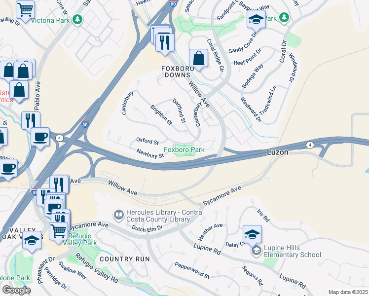 map of restaurants, bars, coffee shops, grocery stores, and more near 1025 Canterbury in Hercules