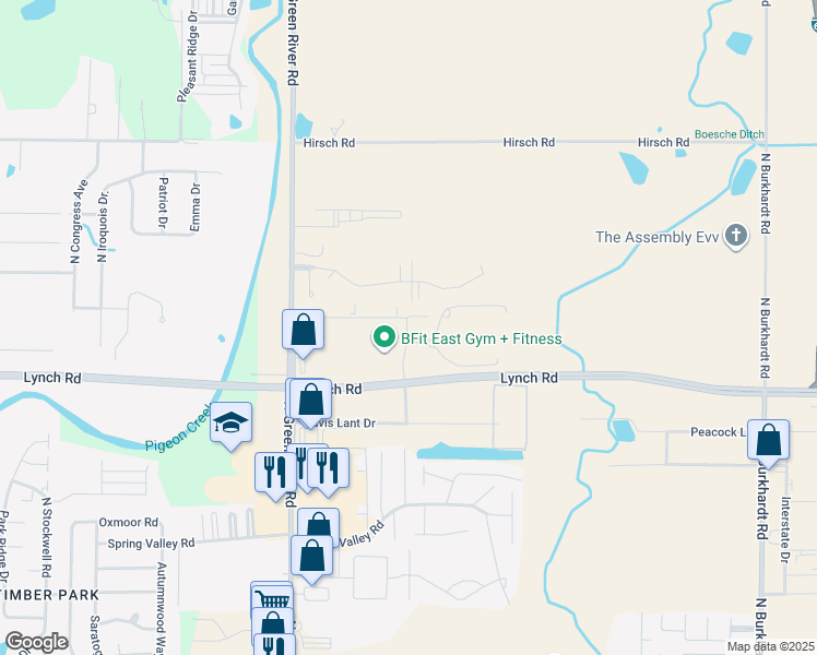 map of restaurants, bars, coffee shops, grocery stores, and more near 4109 North Green River Road in Evansville