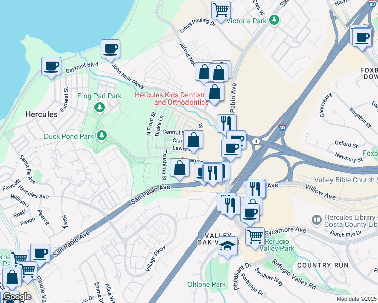 map of restaurants, bars, coffee shops, grocery stores, and more near 2138 Lewis Street in Hercules