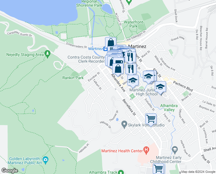 map of restaurants, bars, coffee shops, grocery stores, and more near 305 Green Street in Martinez