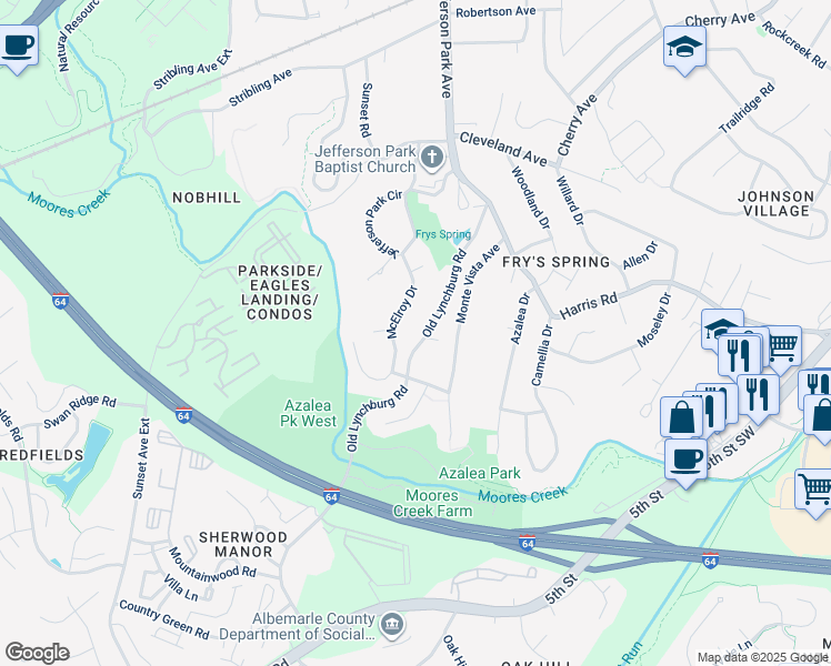 map of restaurants, bars, coffee shops, grocery stores, and more near 225 Old Lynchburg Road in Charlottesville