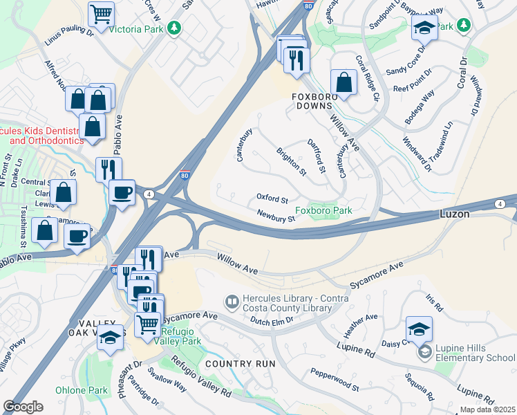 map of restaurants, bars, coffee shops, grocery stores, and more near 232 Newbury Street in Hercules