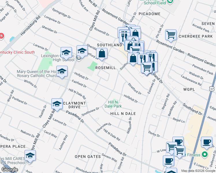 map of restaurants, bars, coffee shops, grocery stores, and more near 479 Hollyhill Drive in Lexington