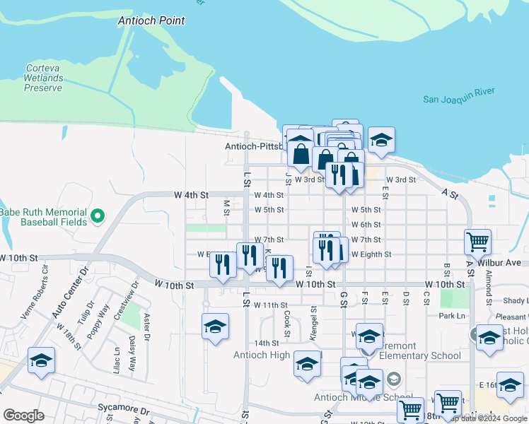 map of restaurants, bars, coffee shops, grocery stores, and more near 500 K Street in Antioch