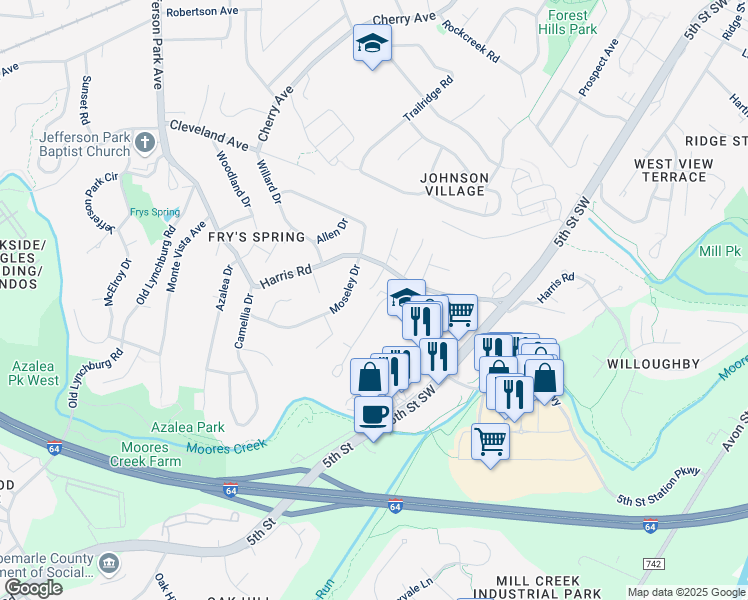 map of restaurants, bars, coffee shops, grocery stores, and more near 105 Longwood Drive in Charlottesville