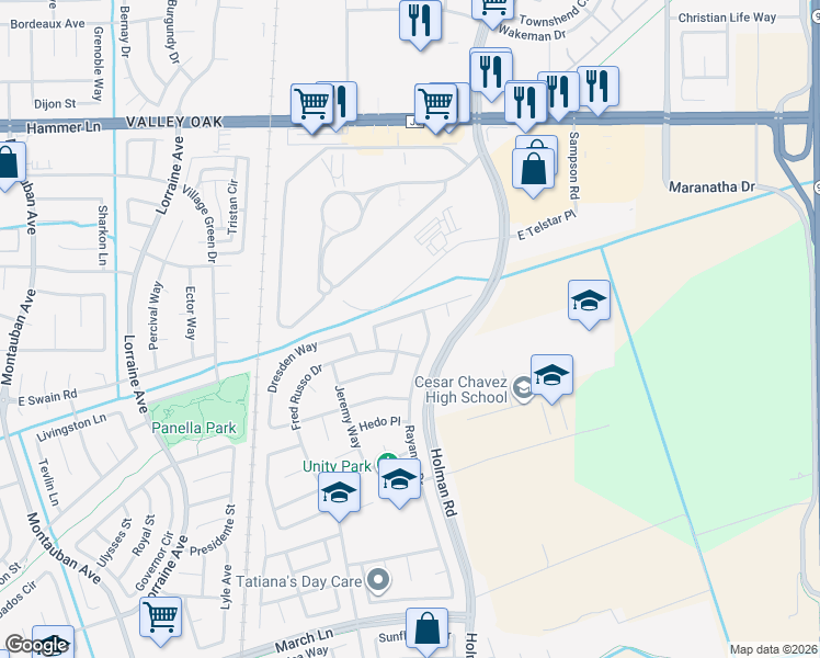 map of restaurants, bars, coffee shops, grocery stores, and more near 5935 Rayanna Drive in Stockton