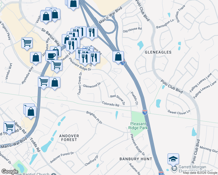 map of restaurants, bars, coffee shops, grocery stores, and more near 3105 Navajo Court in Lexington
