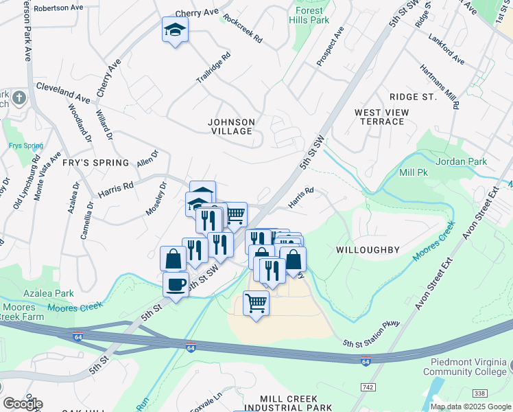 map of restaurants, bars, coffee shops, grocery stores, and more near 598 Harris Road in Charlottesville