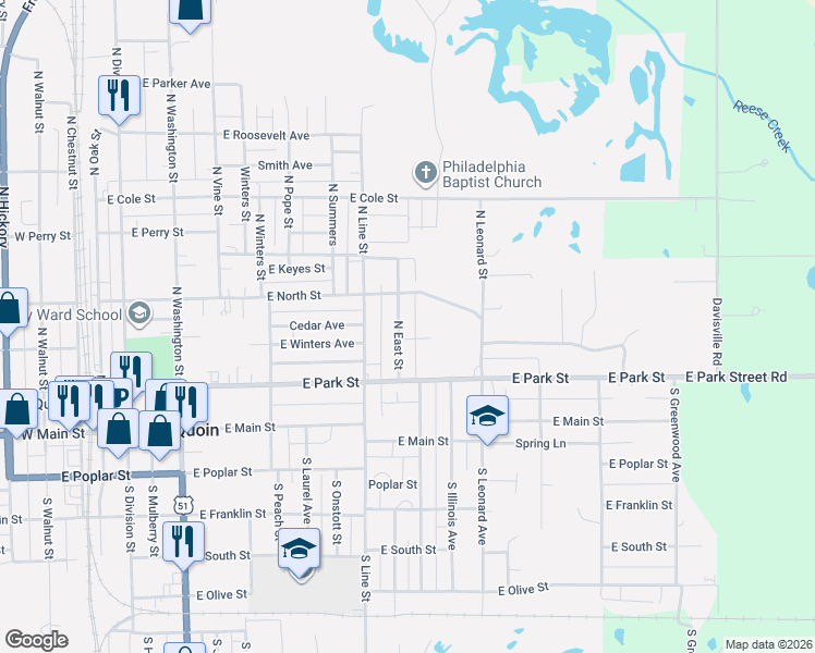 map of restaurants, bars, coffee shops, grocery stores, and more near 206 North East Street in Du Quoin