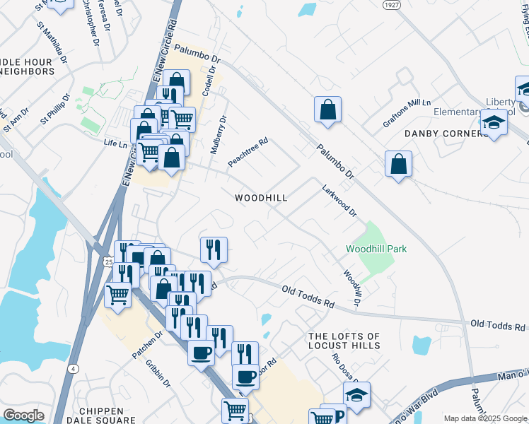 map of restaurants, bars, coffee shops, grocery stores, and more near 2490 Woodhill Drive in Lexington