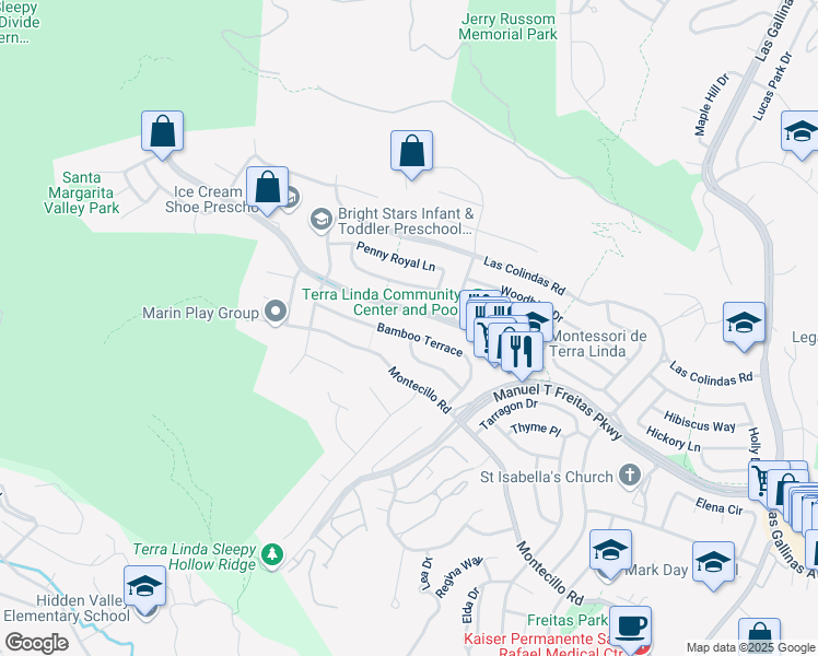 map of restaurants, bars, coffee shops, grocery stores, and more near 700 Bamboo Terrace in San Rafael