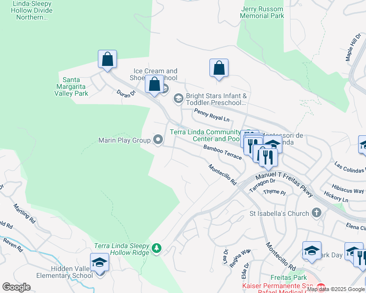 map of restaurants, bars, coffee shops, grocery stores, and more near 784 Montecillo Road in San Rafael