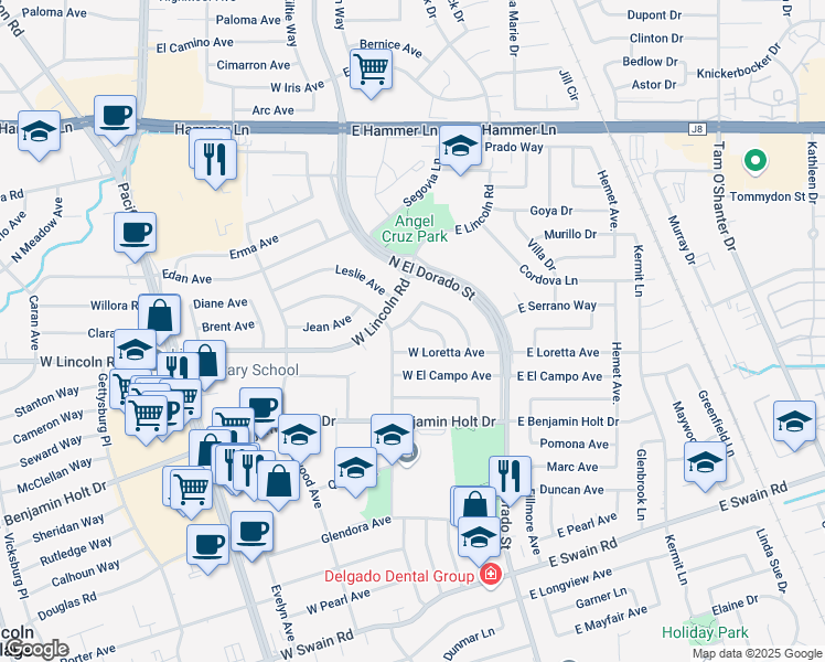 map of restaurants, bars, coffee shops, grocery stores, and more near 44 North Lynda Avenue in Stockton
