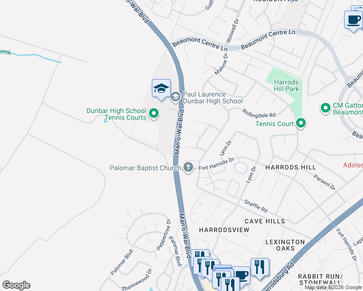 map of restaurants, bars, coffee shops, grocery stores, and more near 2220 Wilmington Lane in Lexington